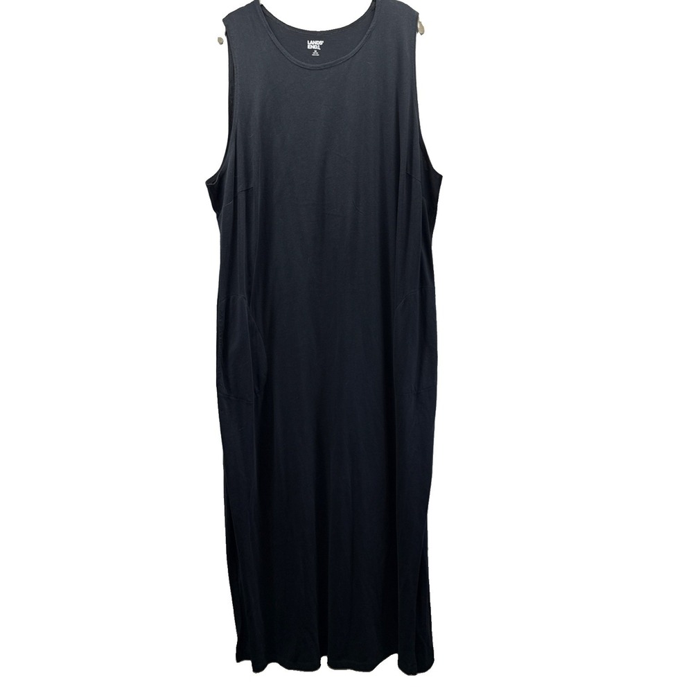 Lands End Maxi Dress 2X Solid Black Side Slits 17" Pockets 100% Cotton Pullover